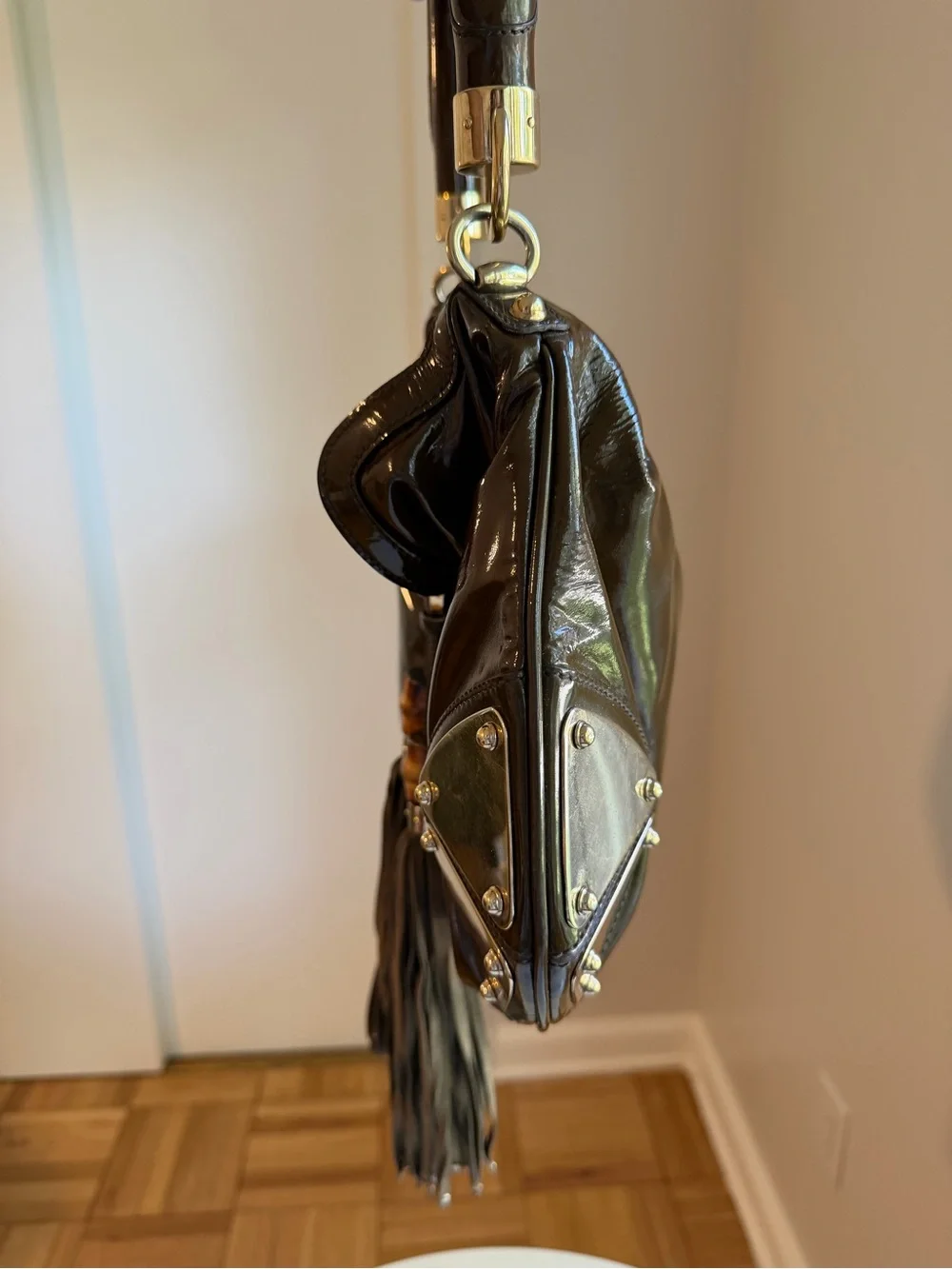 Gucci Indy Medium Brown Patent Leather Bamboo Hobo Bag